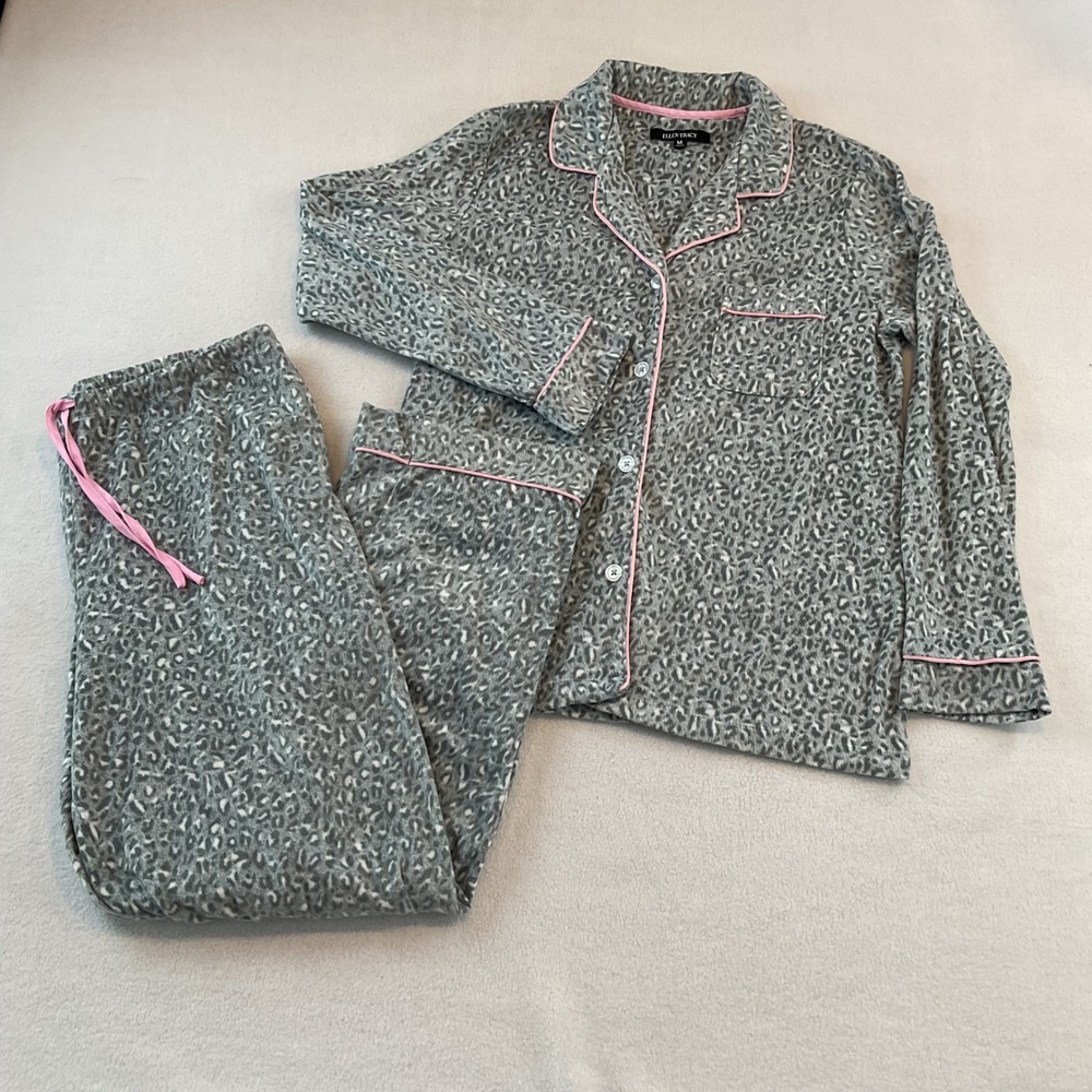Ellen Tracy Pajama Set Womens Medium Gray Leopard Print Pink Piping Fleece 2pc